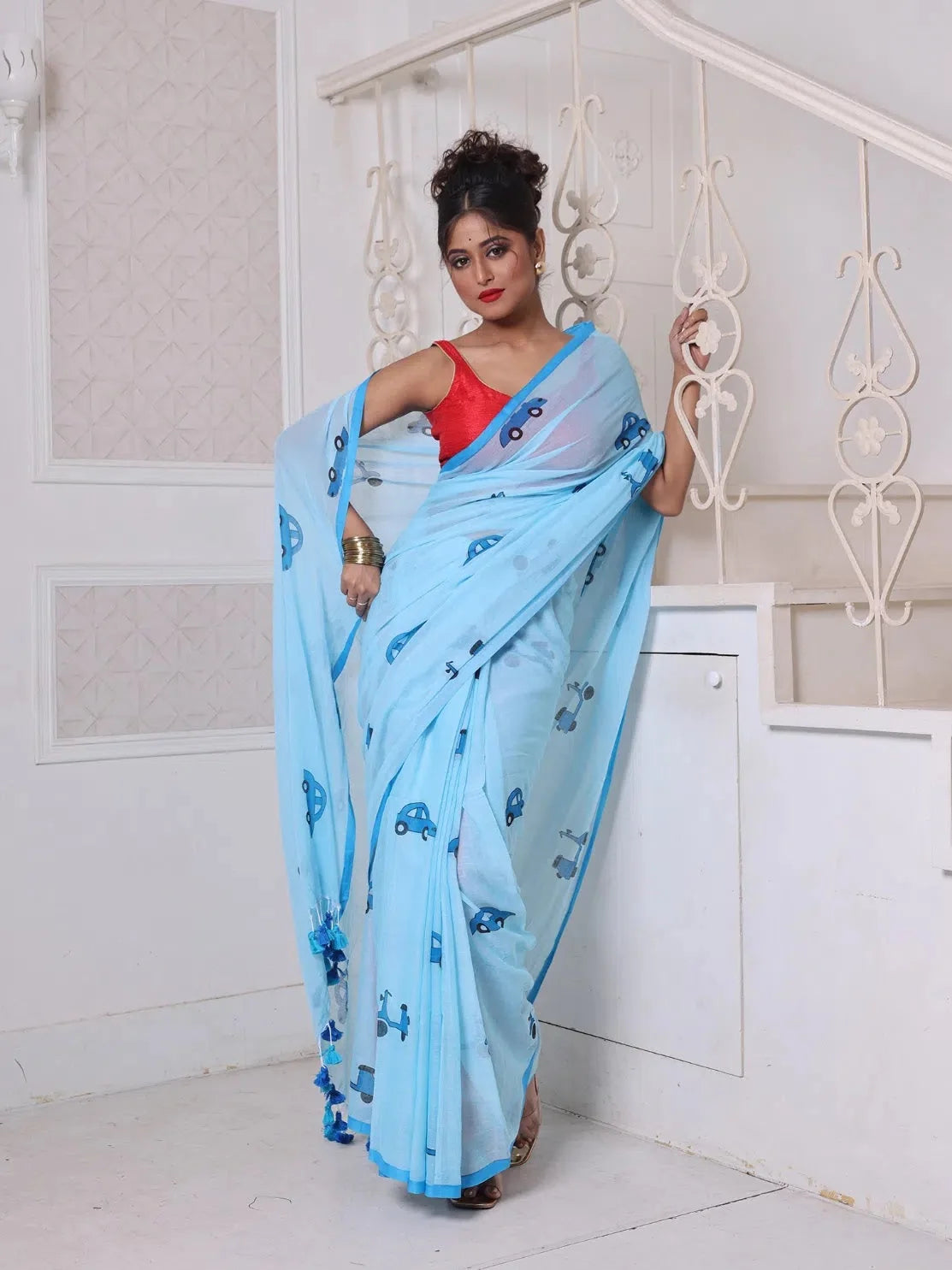 Sky Blue Cotton Saree - Designer Sarees India