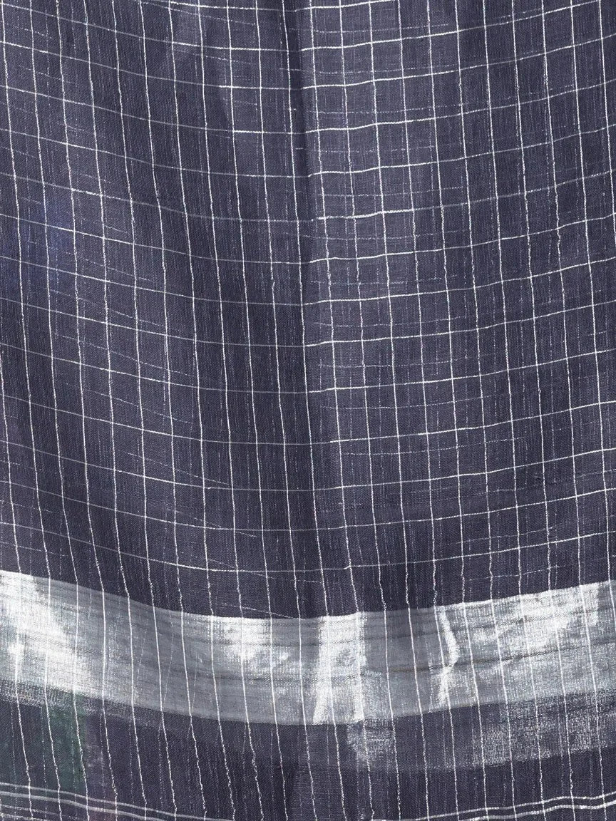 Black Check Linen Saree with Zari - Designer Sarees India