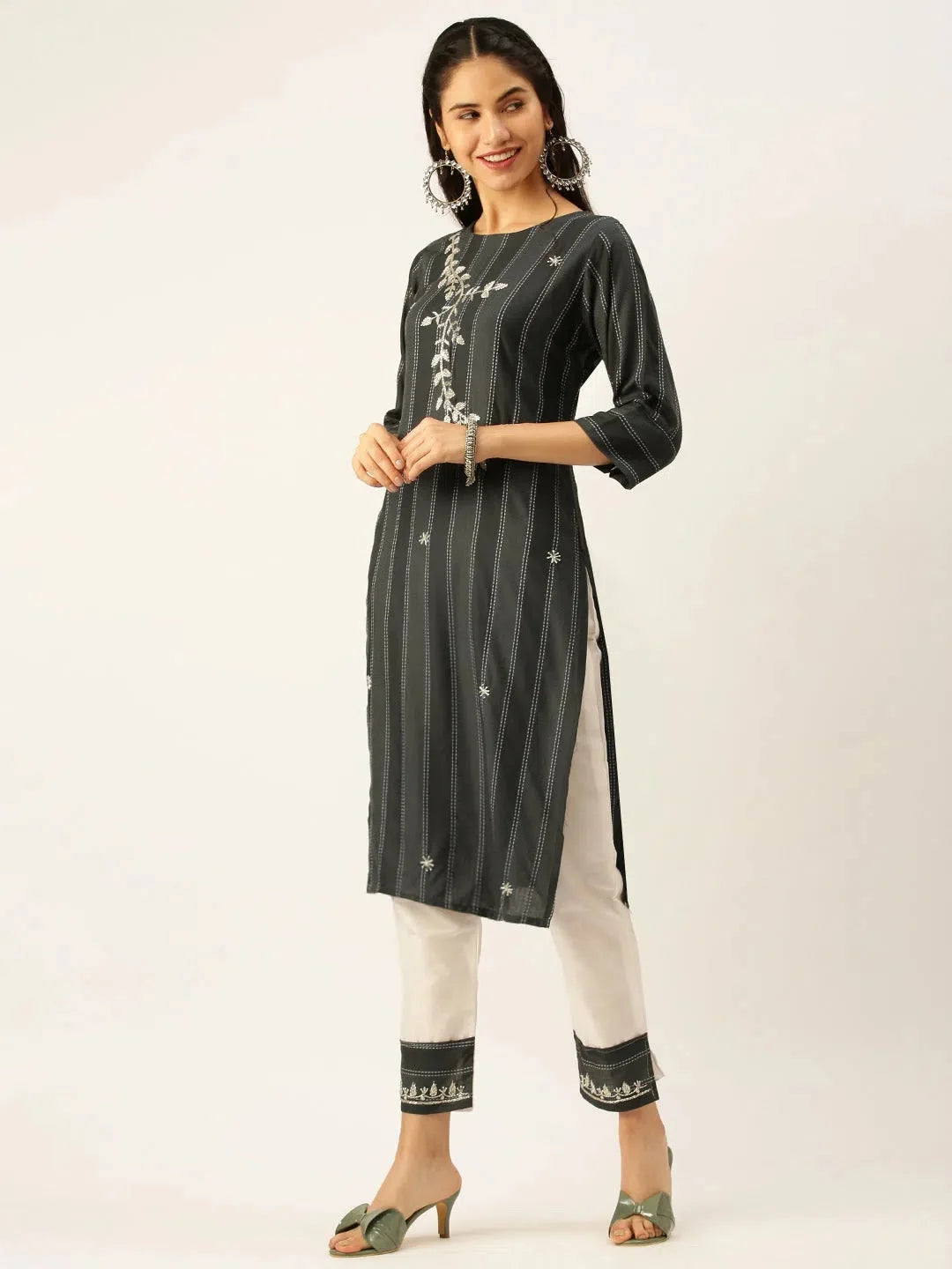 Women's Striped Kurta Set | Grey Cotton Indian Kurta Sets