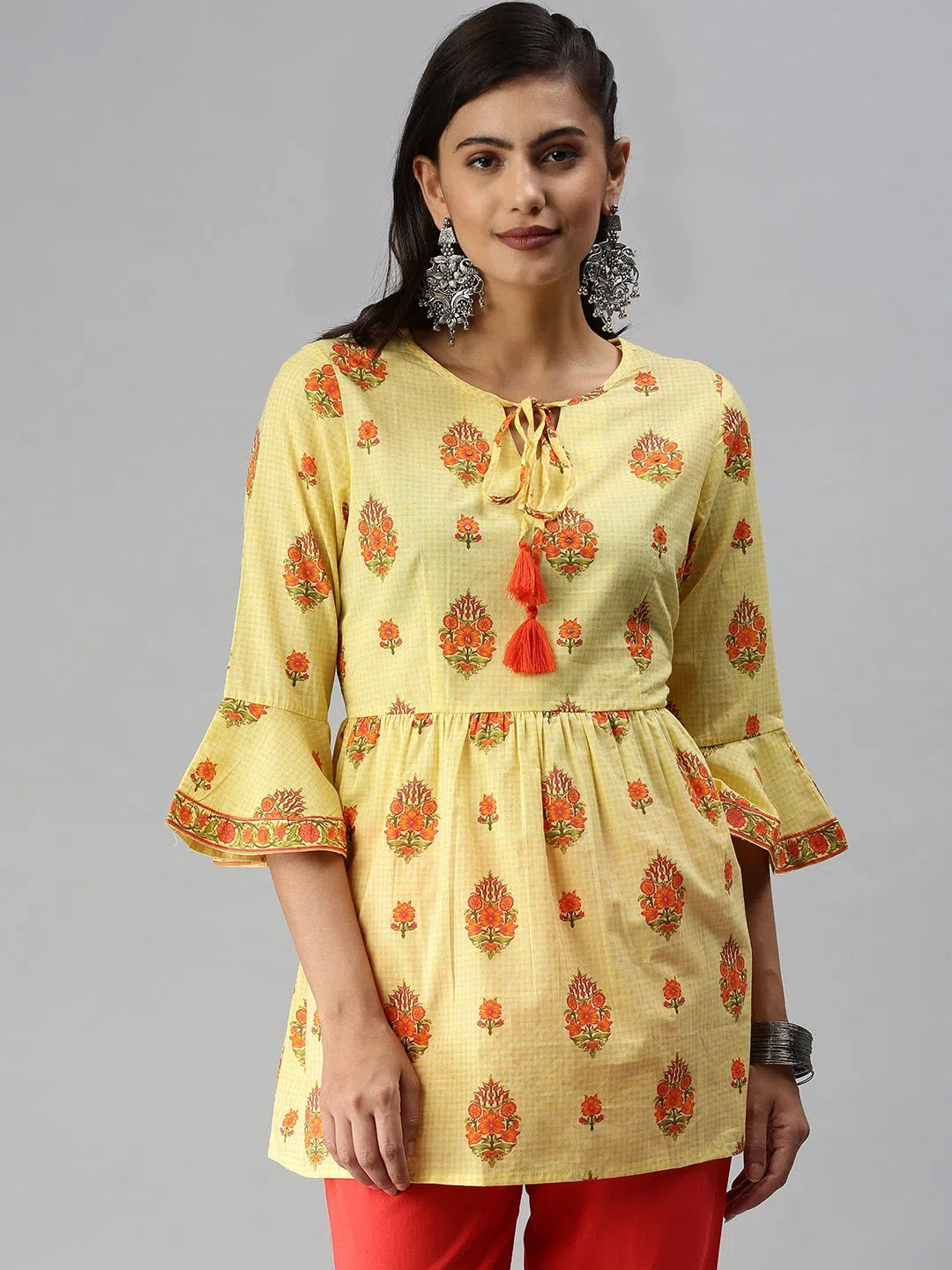Yellow Printed Kurti - Trendy Women's Indian Tunic Top Online