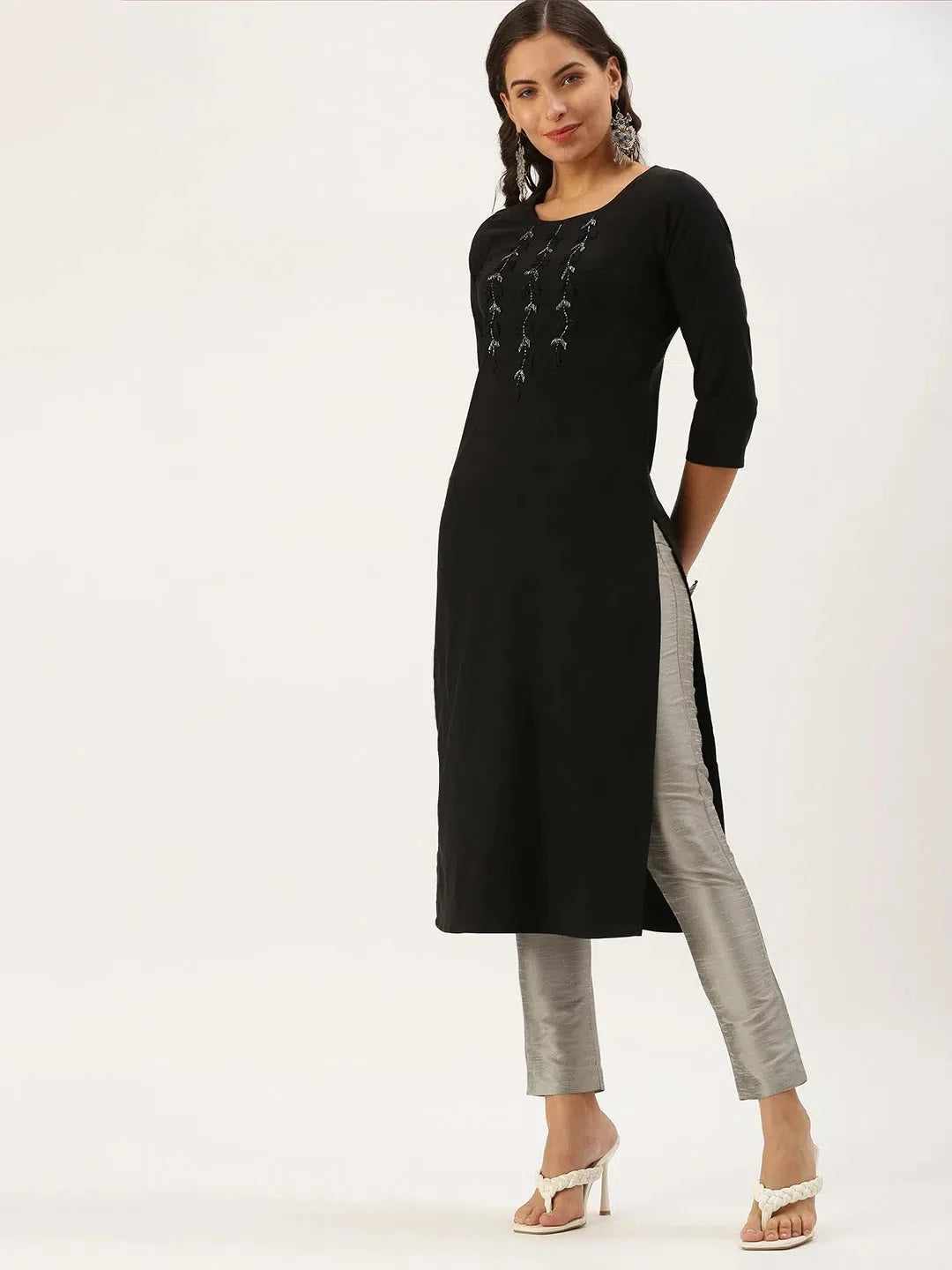 Sleek Black Embellished Kurta | DesiQlo Women's Indian Kurta