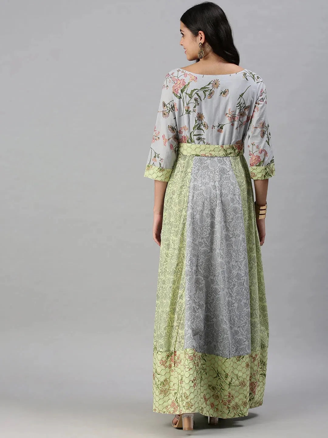 Blue & Green Printed Cotton Anarkali Kurta for Women