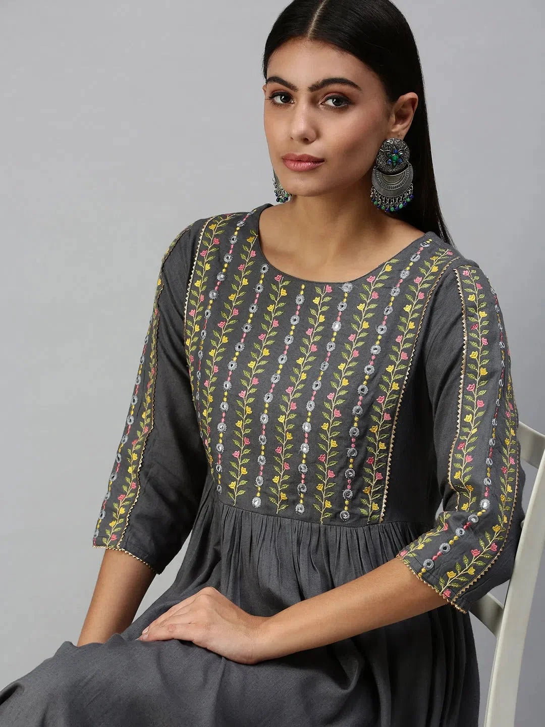 Grey Floral Anarkali Kurta for Women | Cotton Anarkali Kurti