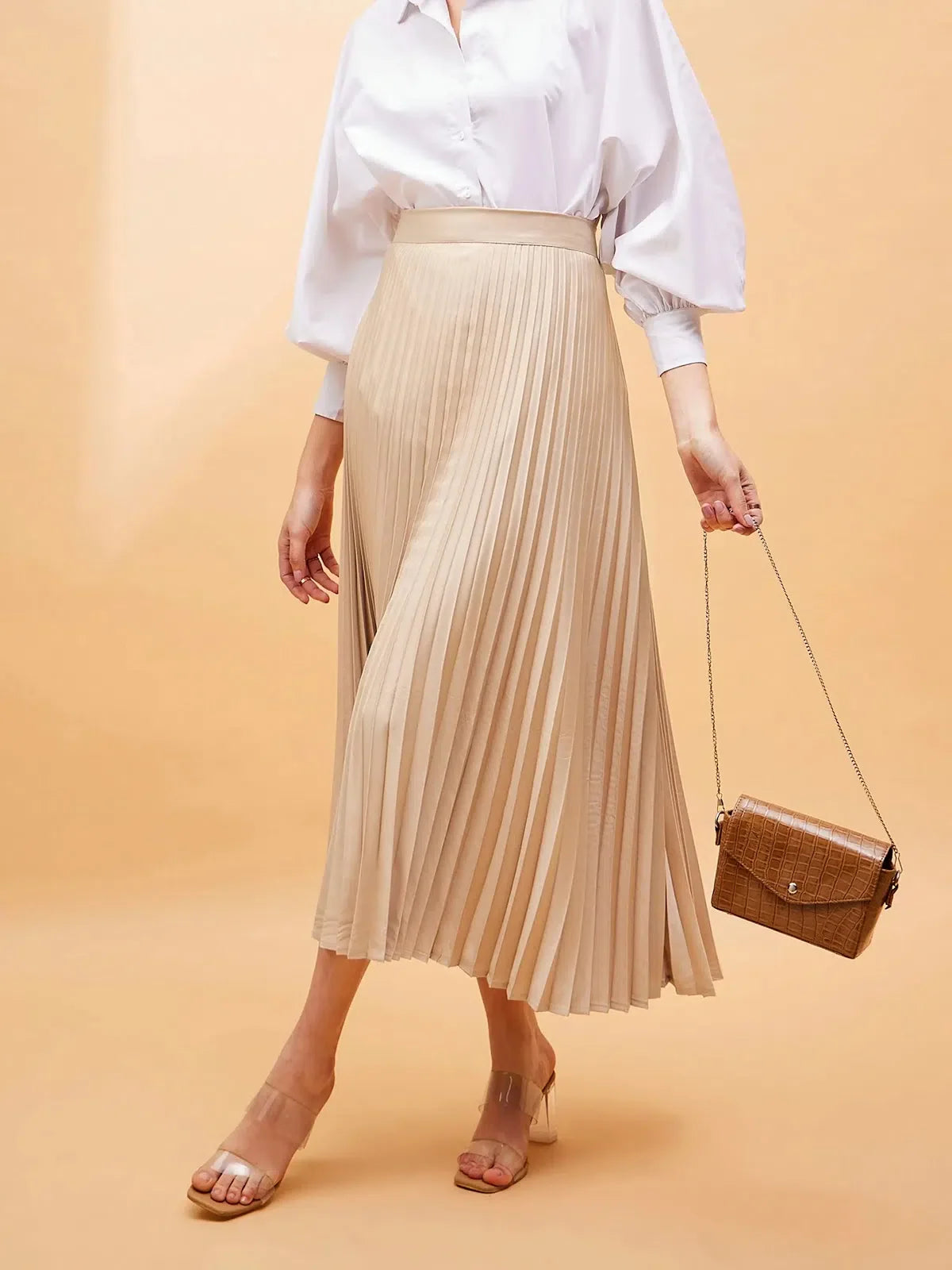 Beige Pleated Midi Skirt | Women's Western Outfits
