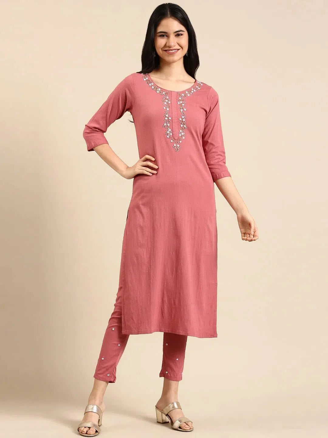 Pink Solid Cotton Kurta Set | Women's Indian Kurta Sets