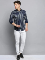 Men Navy Printed Casual Shirt-BRITANNICKPRINT-3018-Navyblue