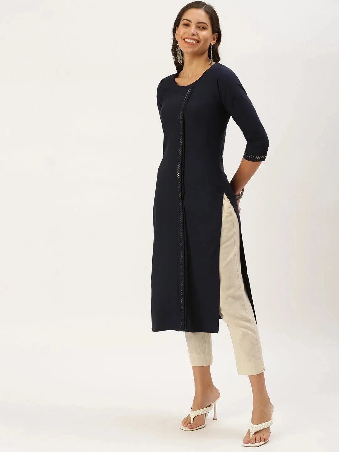 Navy Embellished Kurta - Women's Indian Kurtis Cotton