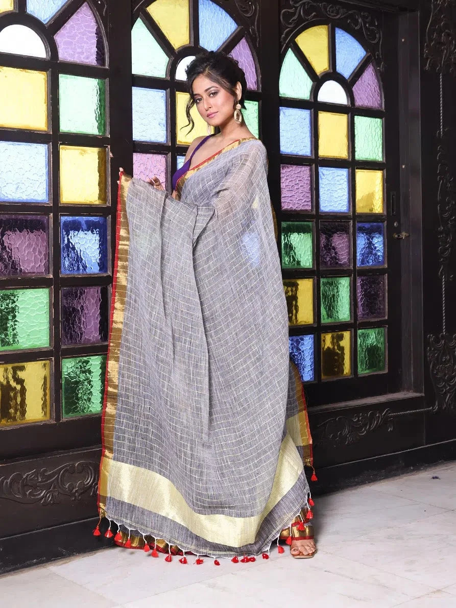 Grey Linen Check Saree with Zari - Designer Sarees India