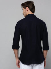Men Navy Solid Casual Shirt-SAATVIKKNITS-4444-Navyblue