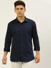 Men Navy Printed Casual Shirt-LUCASKNITS-4607-Navyblue