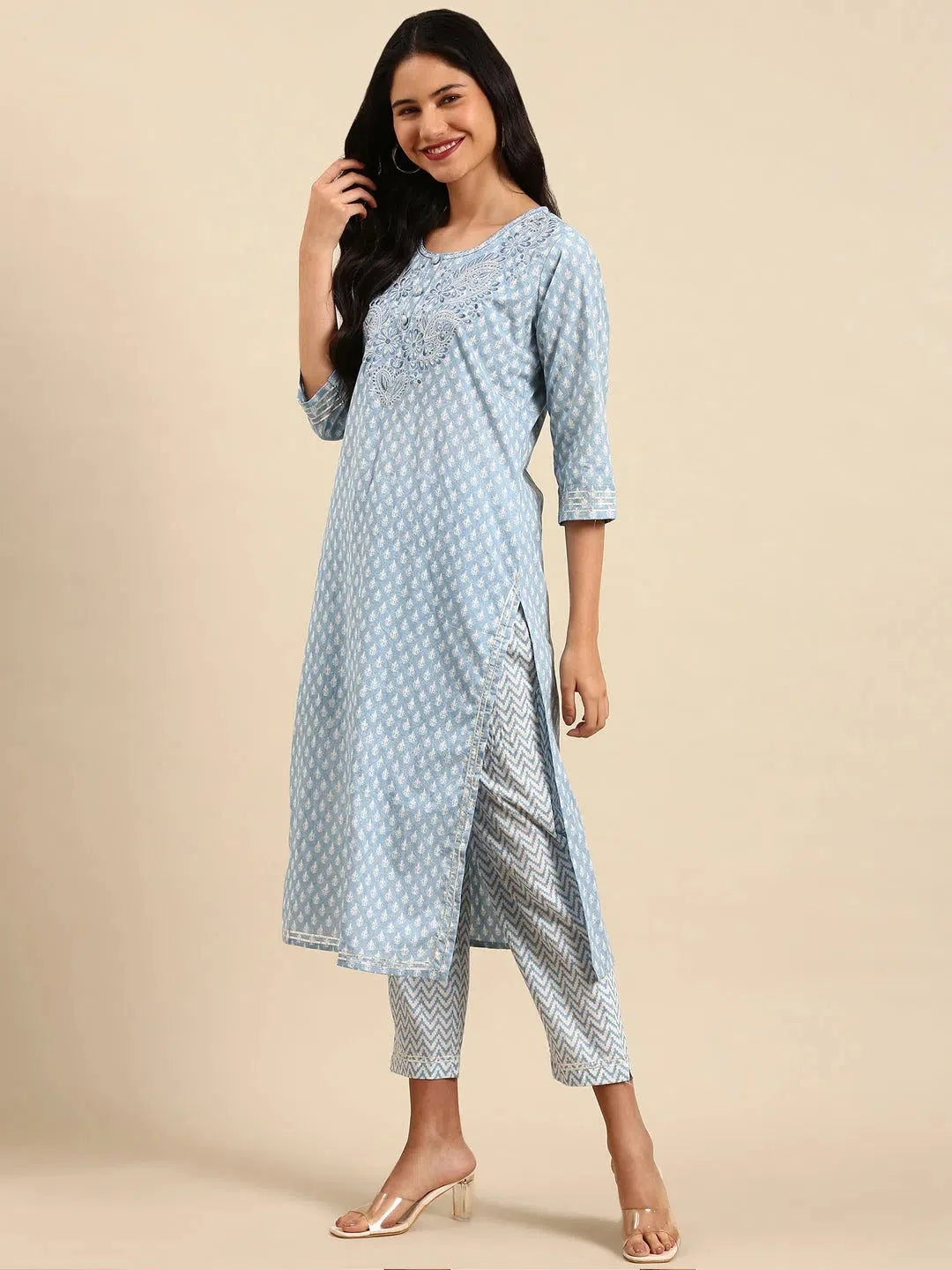 Blue Printed Cotton Kurta Set | Indian Women's Kurta Sets - Style 1