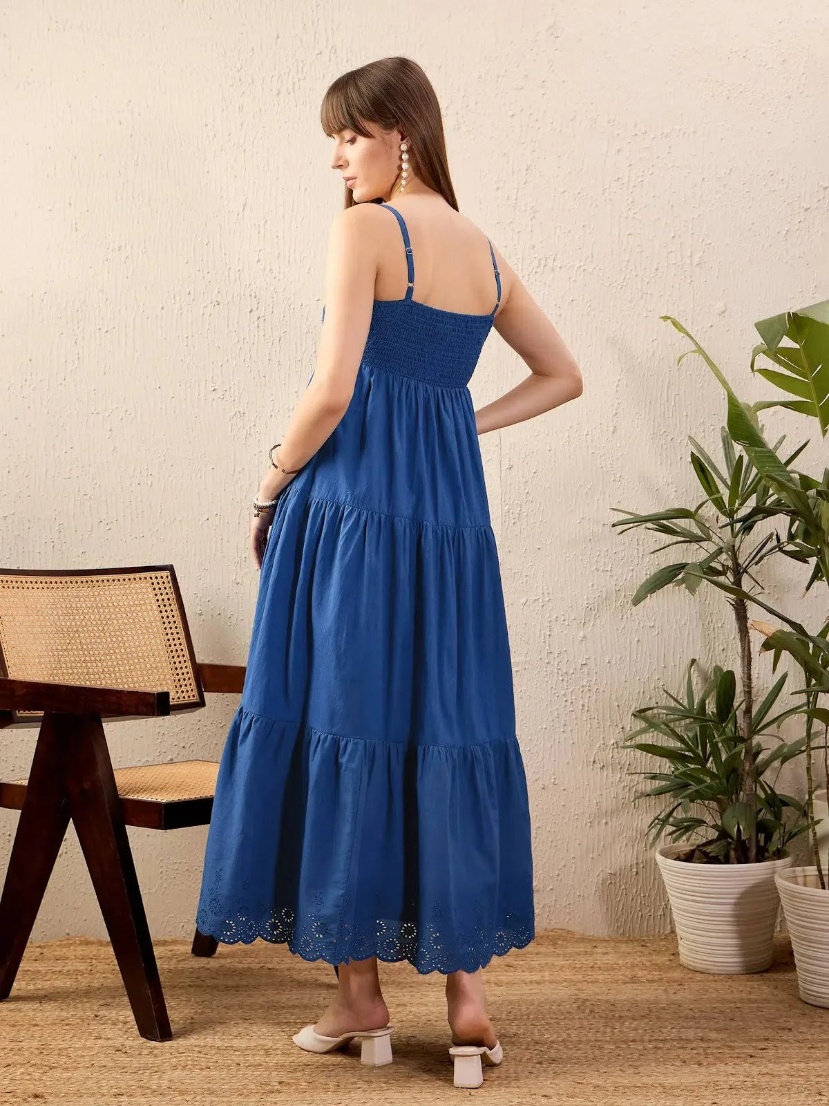 Blue Schiffli Strappy Maxi Dress | Women's Festive Ethnic Wear