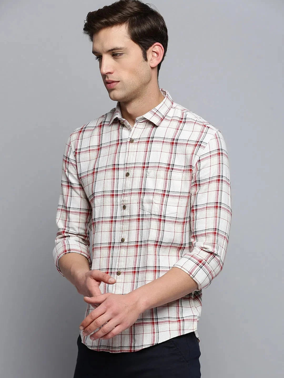 Beige Checked Mens Shirt - Casual Cotton Shirt by DesiQlo