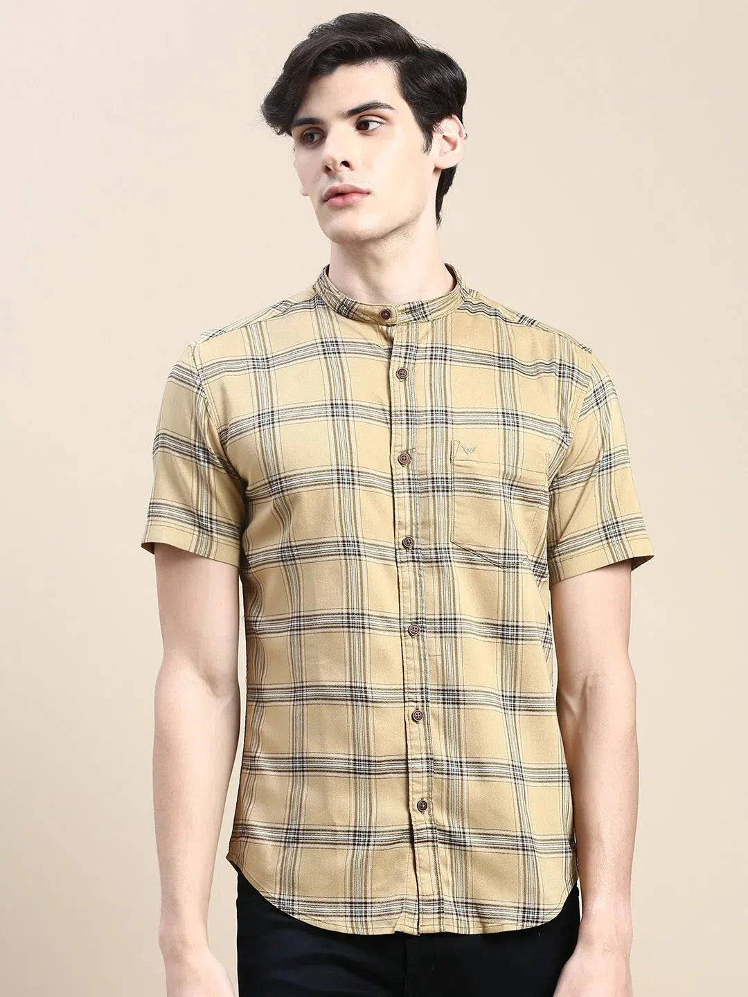 Beige Checked Cotton Mens Shirt - Casual Formal Shirts