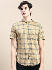Men Beige Checked Casual Shirt-AZARICHECKS-115-Beige
