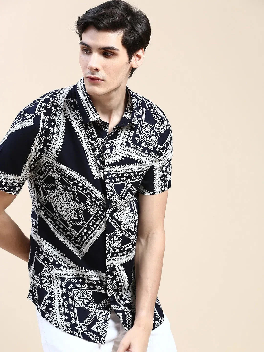 Navy Printed Mens Shirt - Cotton Ethnic Motif Casual Shirt