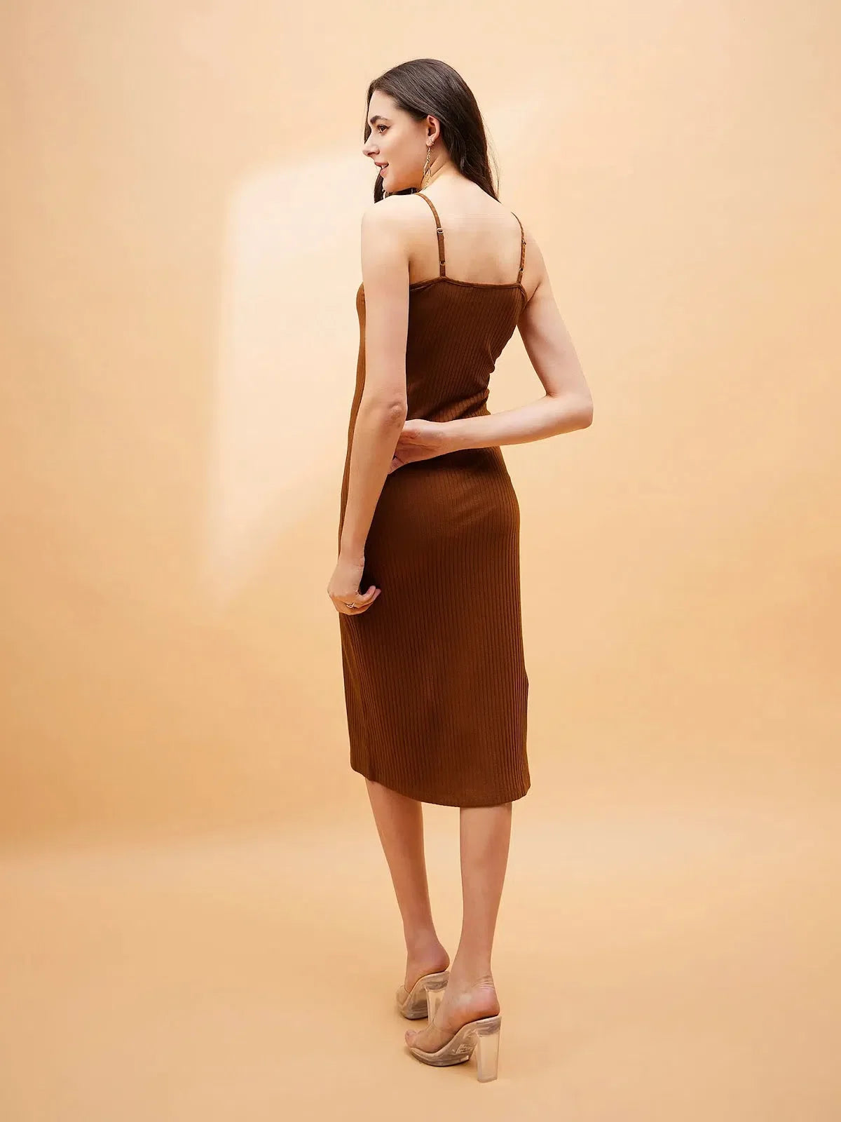 Brown Rib Strappy Midi Dress - Women's Cotton Slim Fit Dress