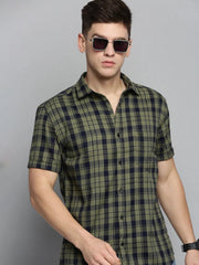 Men Green Checked Casual Shirt-MAYACHECKS-4406-Olive