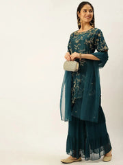 Women's Blue Solid Kurta SetsB-48757-Teal