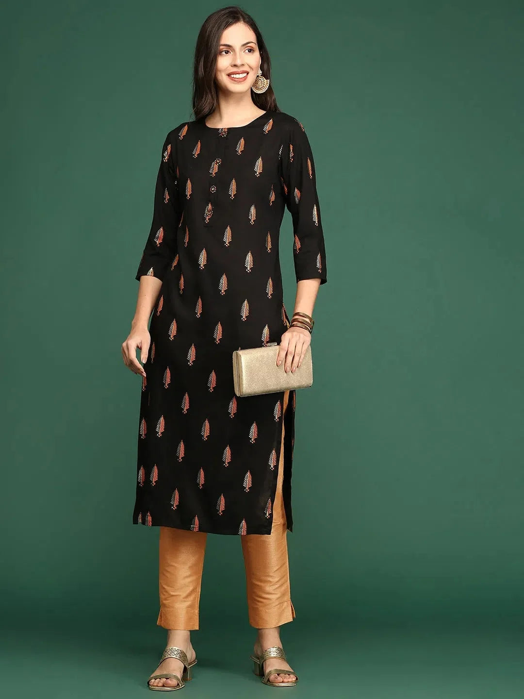 Black Floral Cotton Indian Kurta for Women | DesiQlo