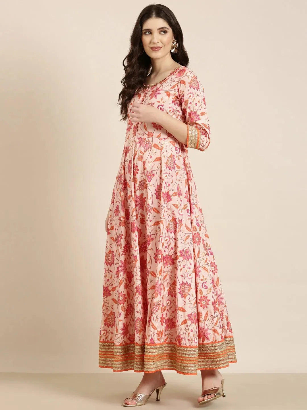 Peach Floral Anarkali Kurta - Women's Cotton Anarkali Kurti
