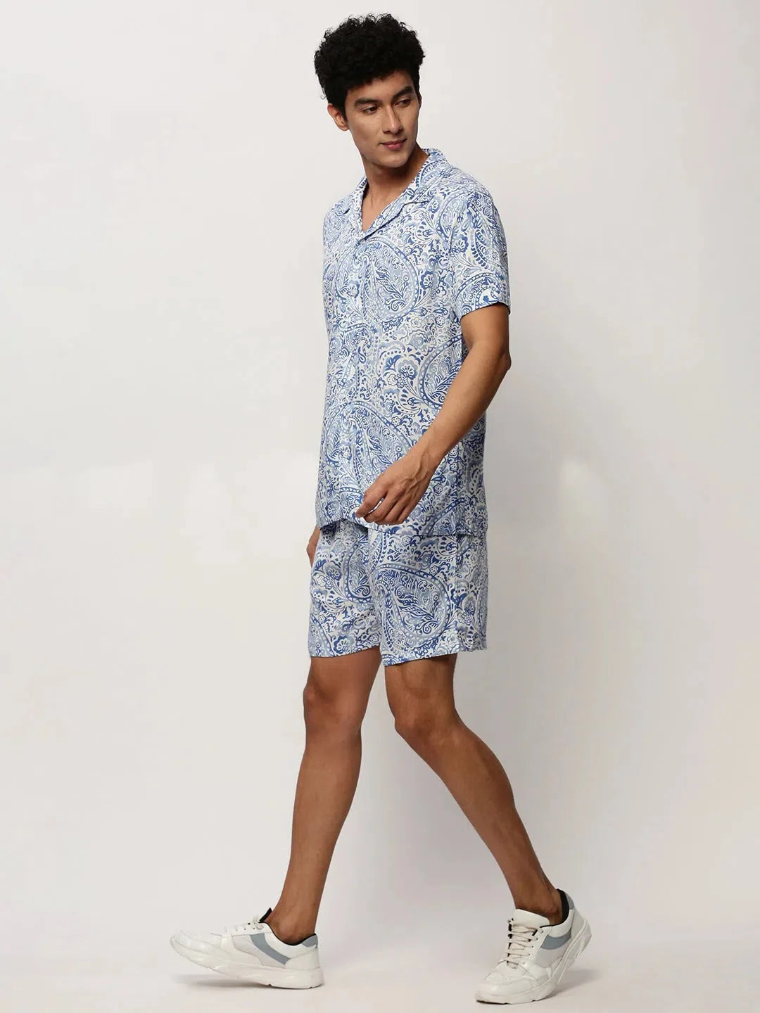 Men's White Printed Casual Co Ord Set | Cotton Two Piece Sets
