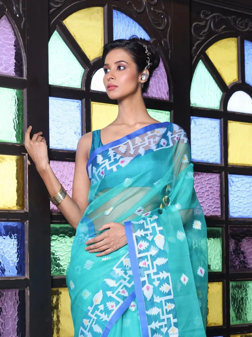 Sea Green Muslin Linen Saree - Indian Sari Elegance
