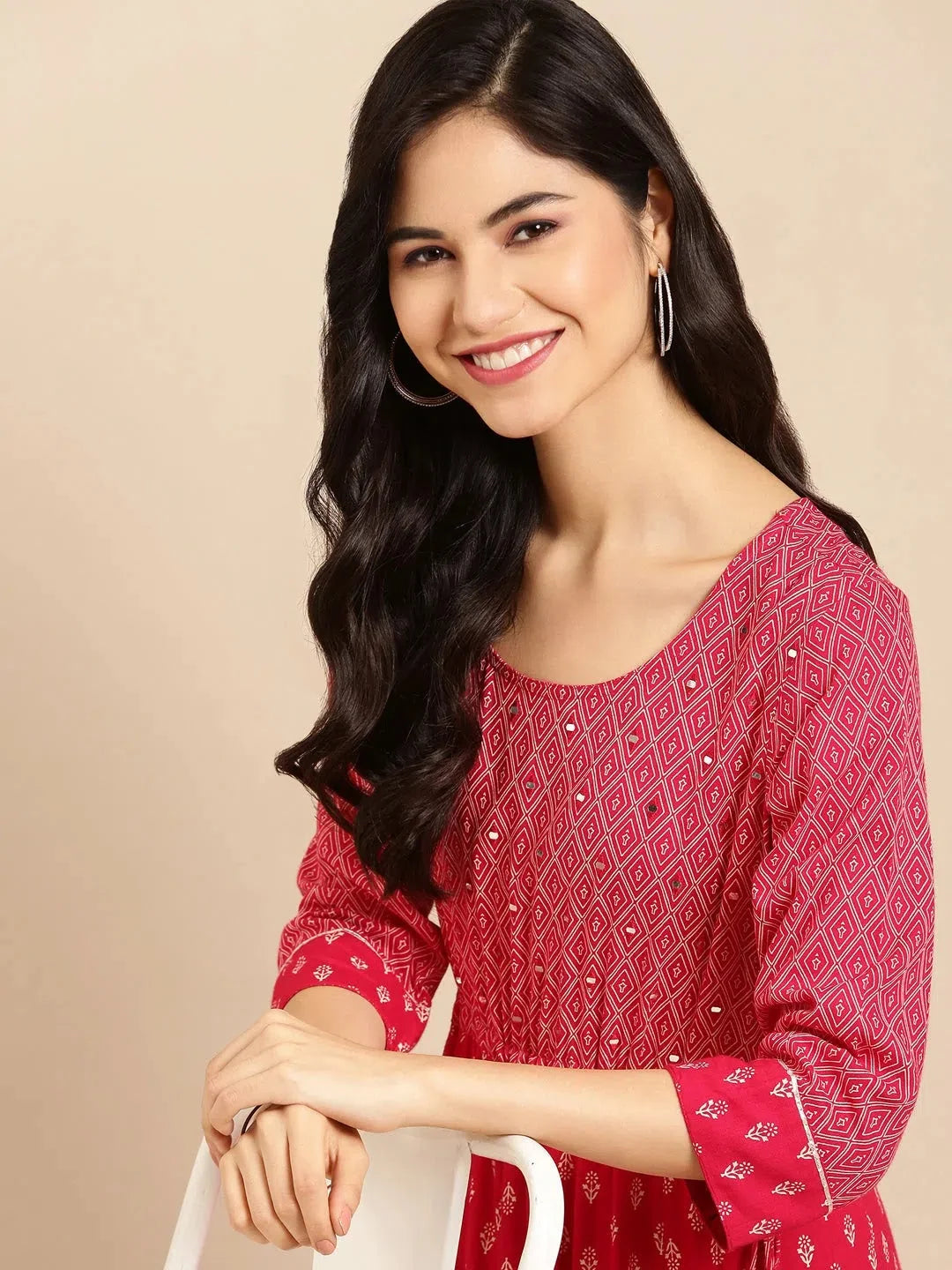 Red Printed Anarkali Kurta | Women's Cotton Anarkali Dress