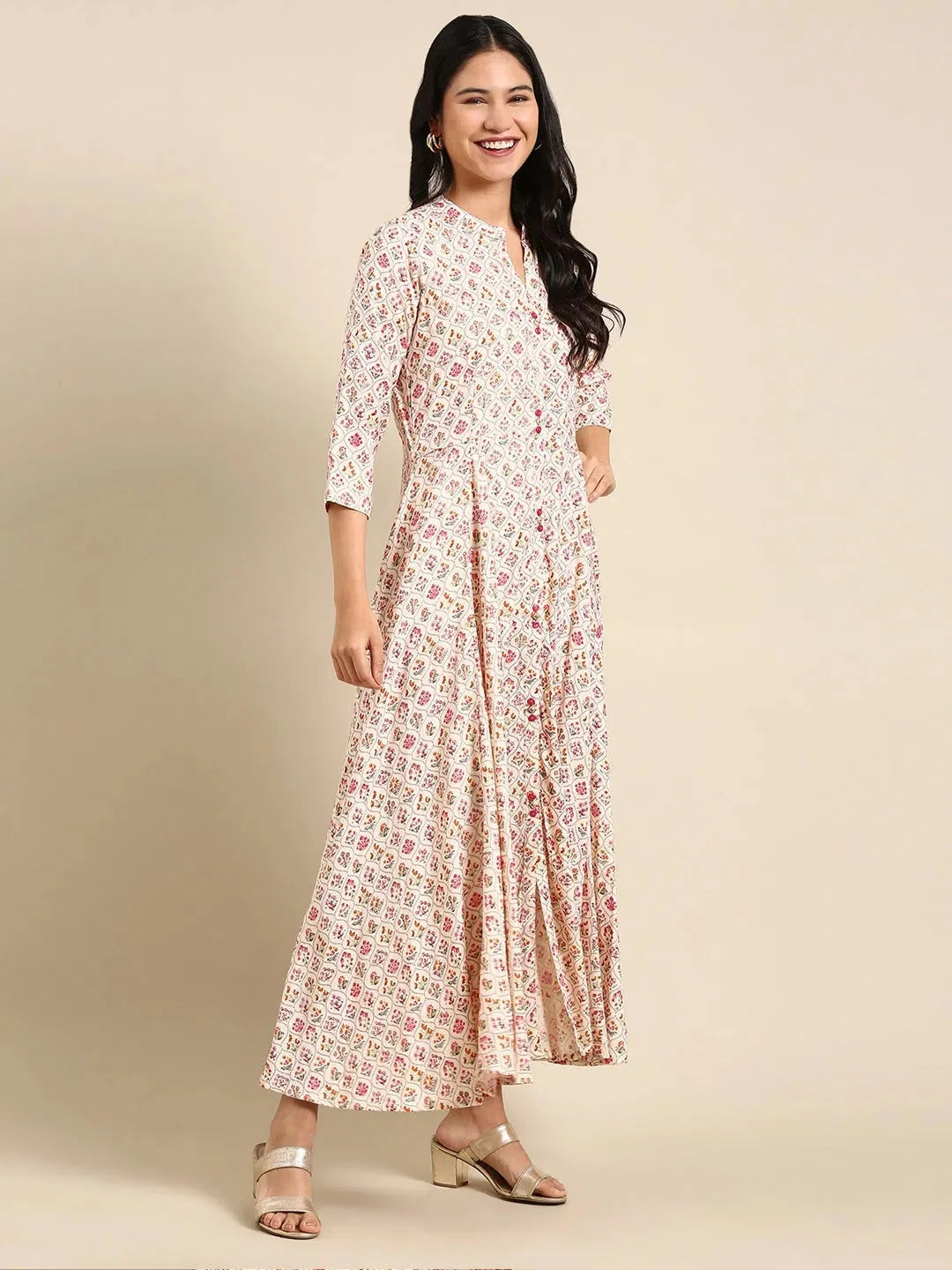 Cream Printed Anarkali Kurta - Women's Trendy Anarkali Suit