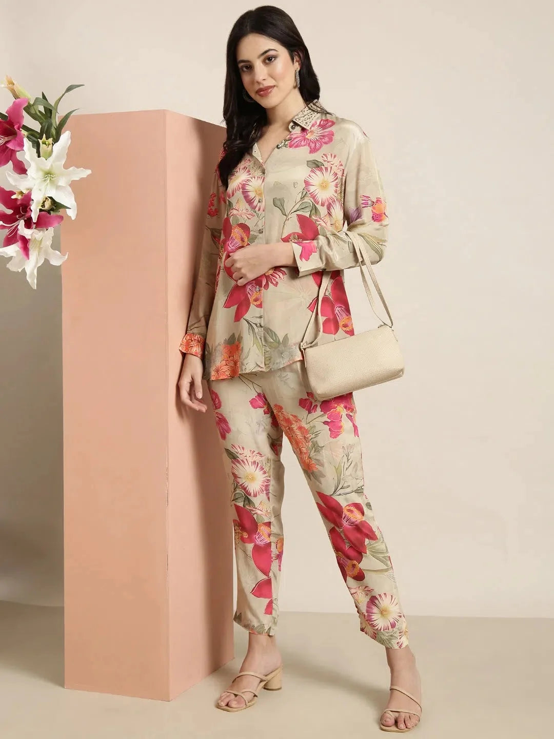 Beige Printed Shirt & Trousers Set | Women's Cotton Kurta Sets