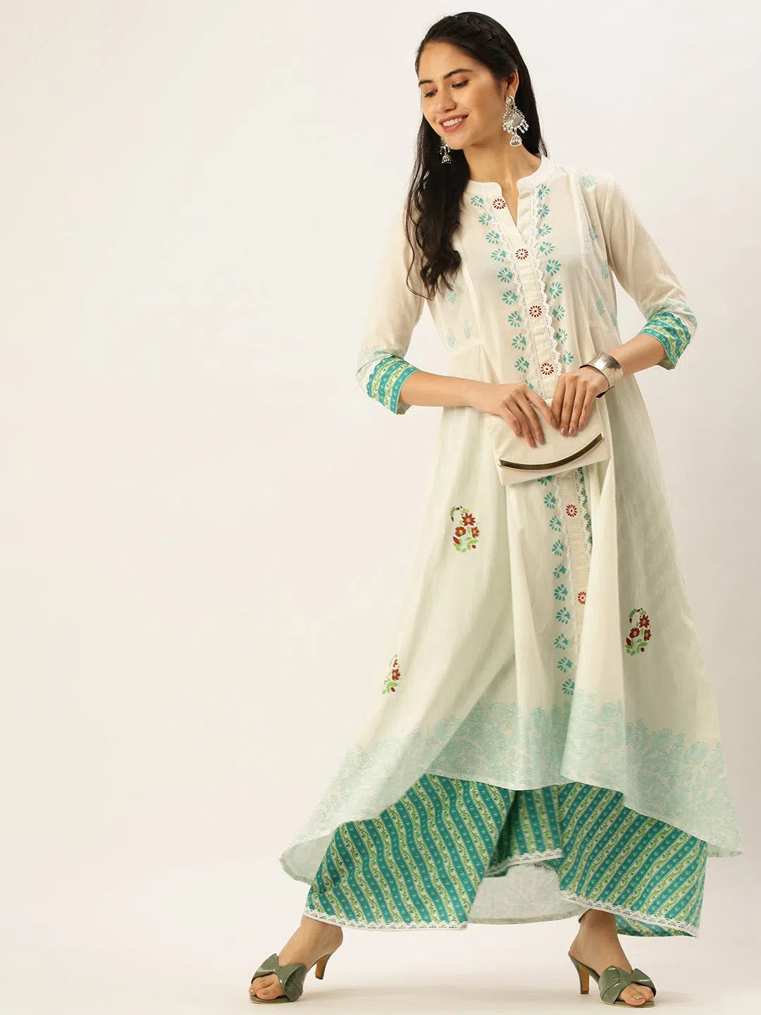 White Ethnic Print Cotton Indian Kurta Sets | Showoff