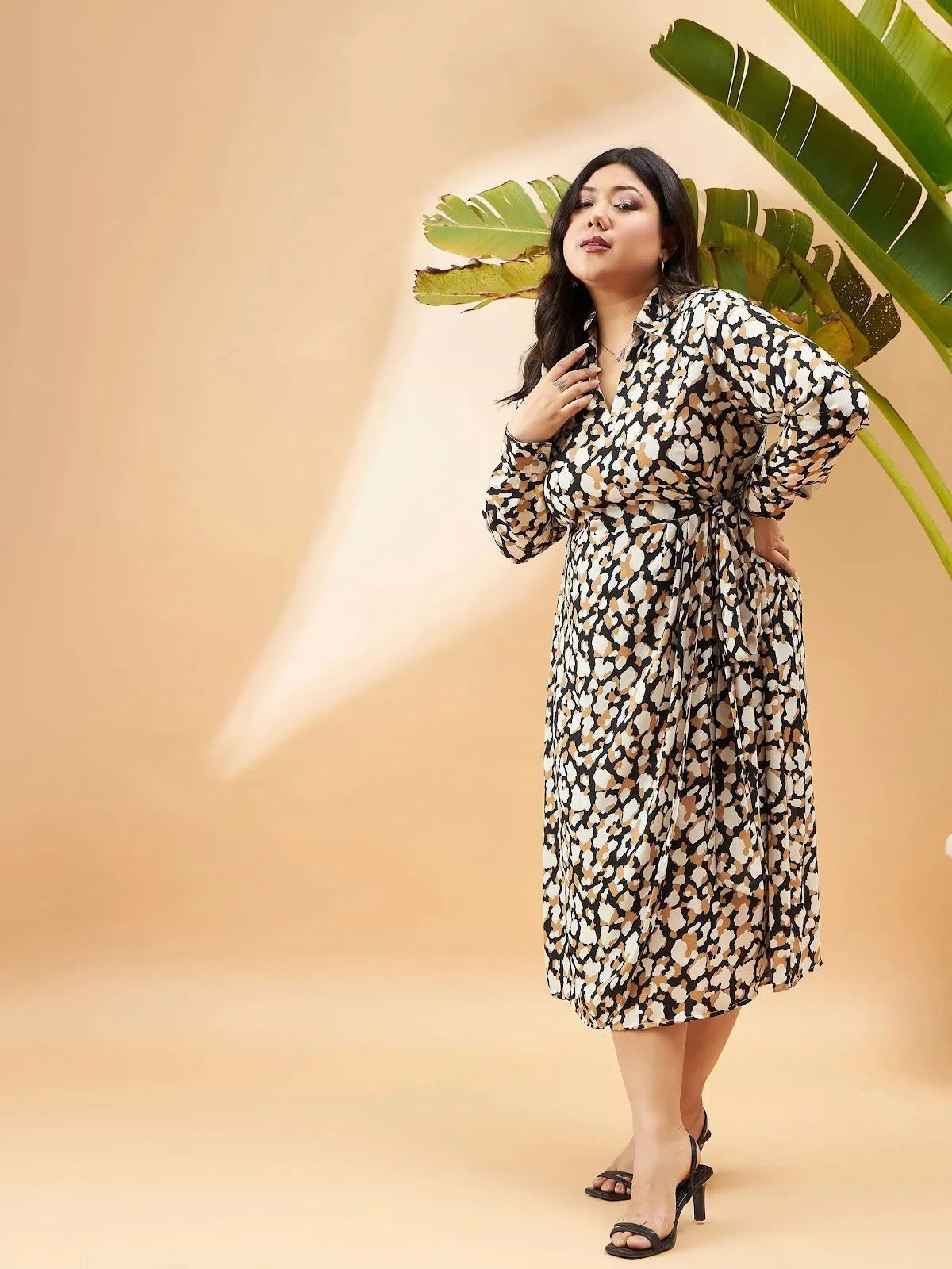 Black & Beige Printed Wrap Dress | Women's Lehenga Inspired