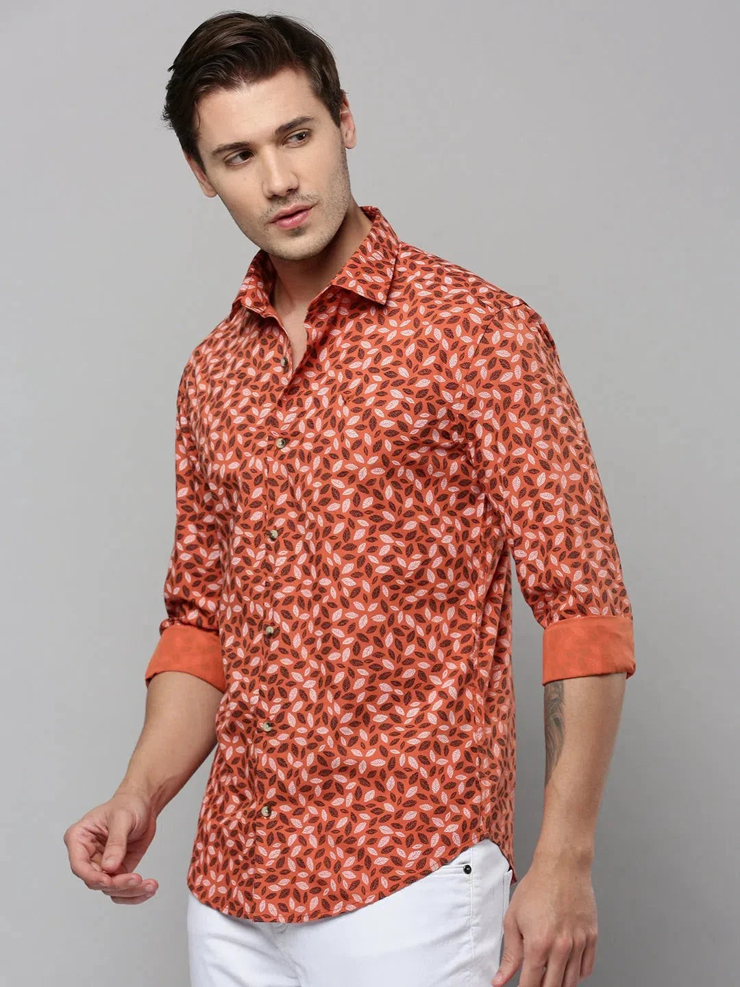 Orange Printed Mens Shirt - Cotton Casual Shirt by DesiQlo
