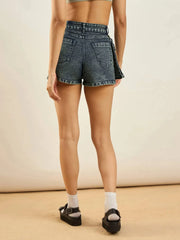 Women Green Washed Hanging Pocket Denim Shorts