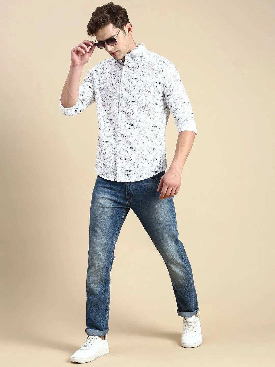 Elegant White Printed Mens Shirt | DesiQlo Cotton Casual Shirt