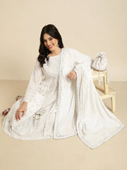 Women Anarkali White Floral Kurta and Sharara Set Comes With Dupatta and Potli Bag & Coat-GW-4031-White