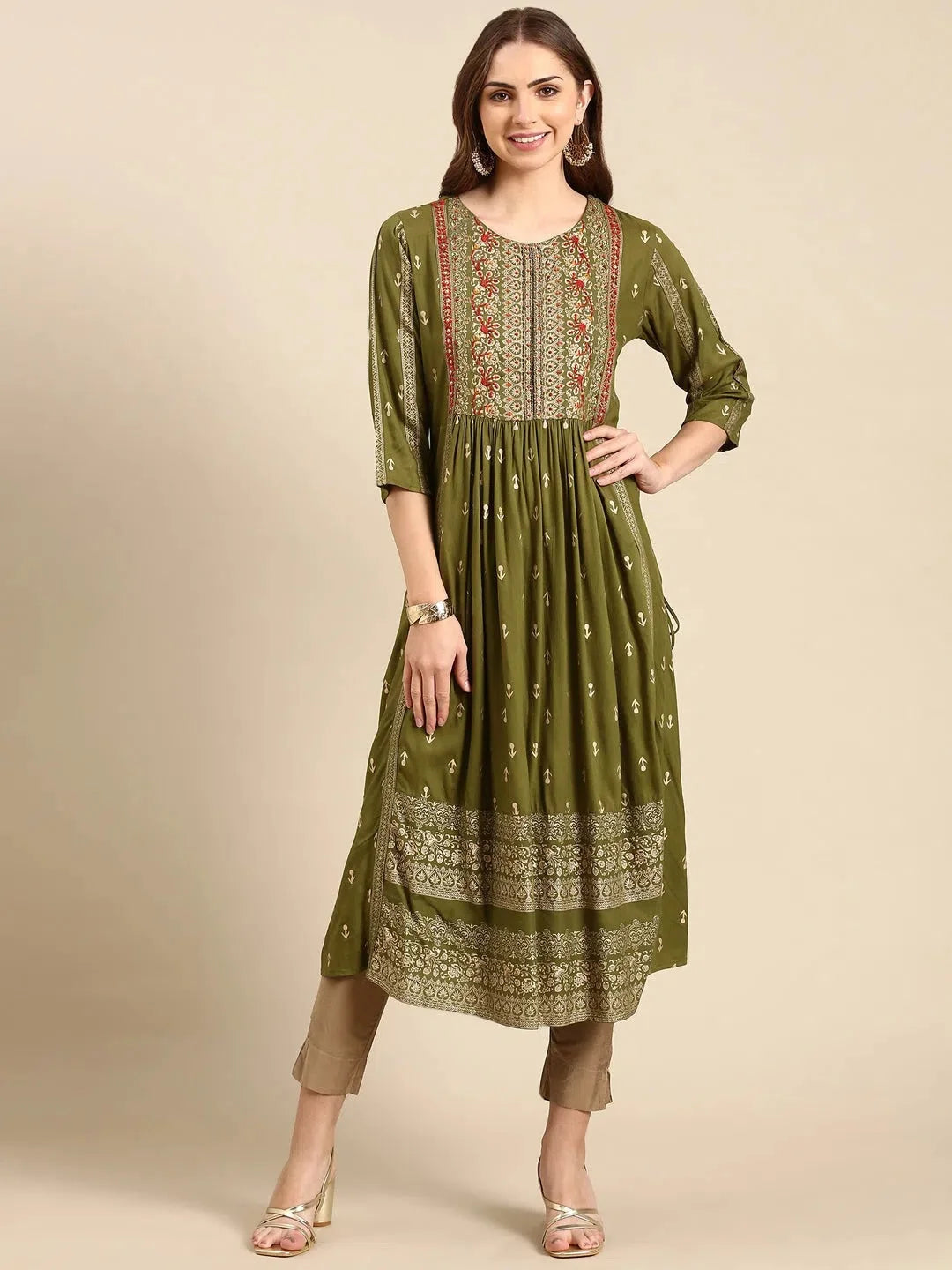 Olive Printed Anarkali Kurta for Women - Cotton Anarkali Gown