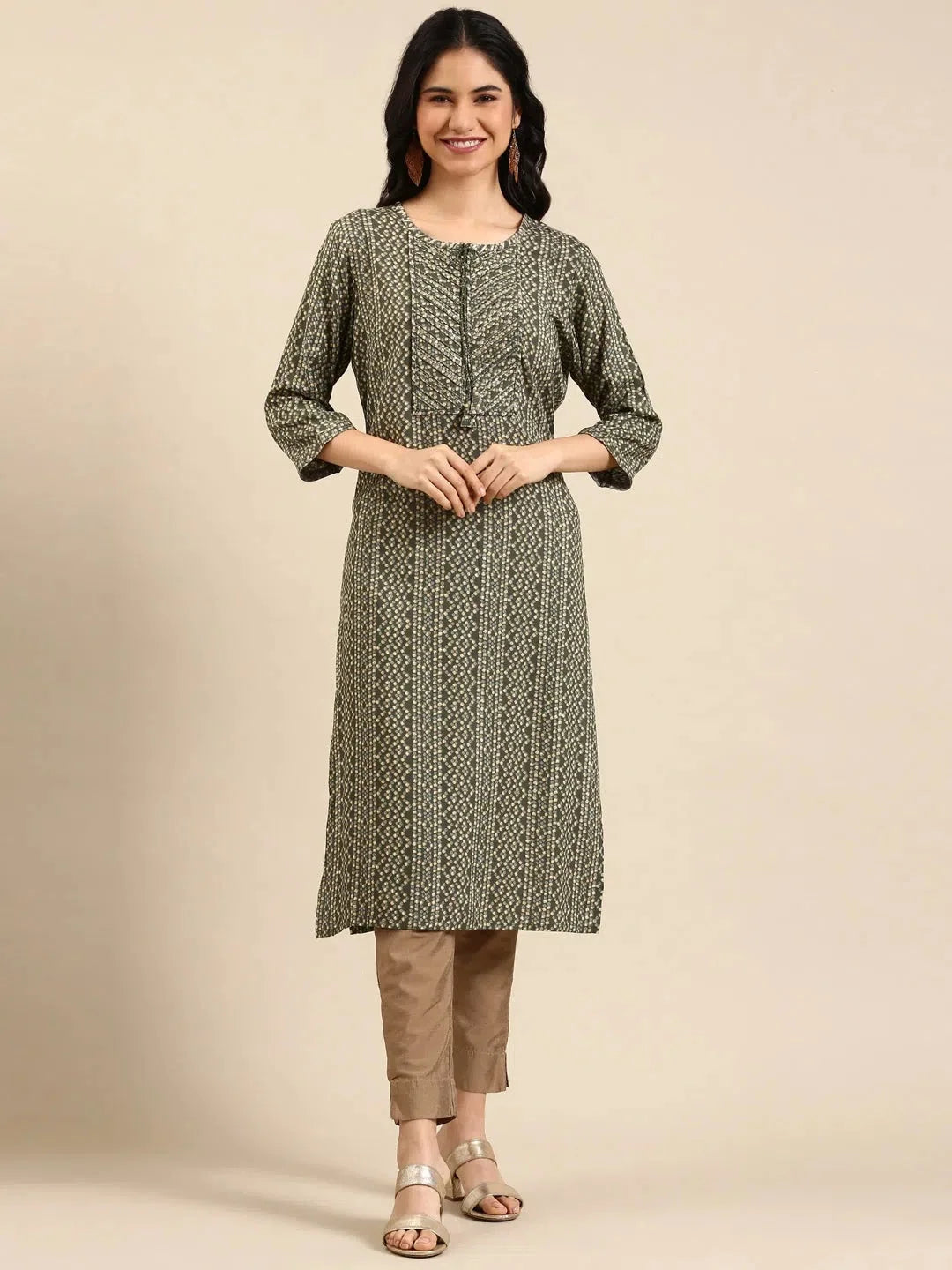 Olive Printed Cotton Kurta for Women | DesiQlo Indian Kurtis