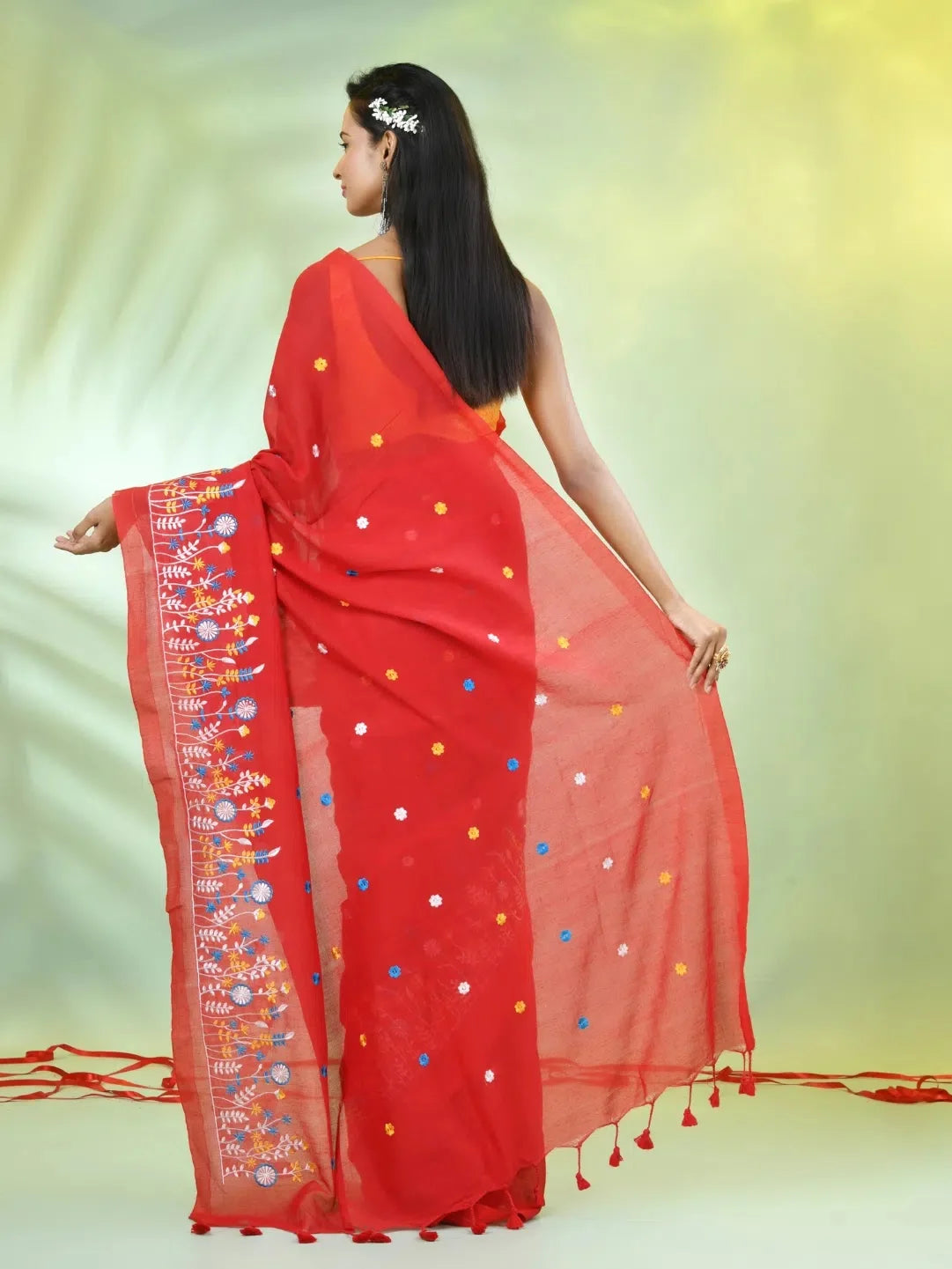 Red Cotton Saree: Floral Embroidery, Indian Sari Style