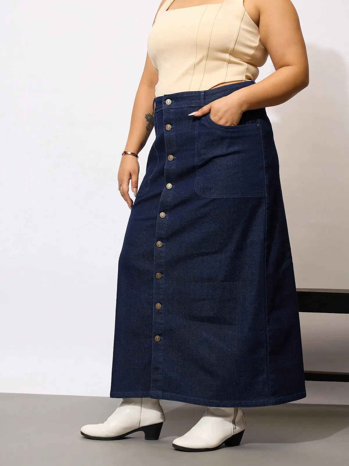 Women's Denim Skirt - Acid Wash Button Front Midi Skirt
