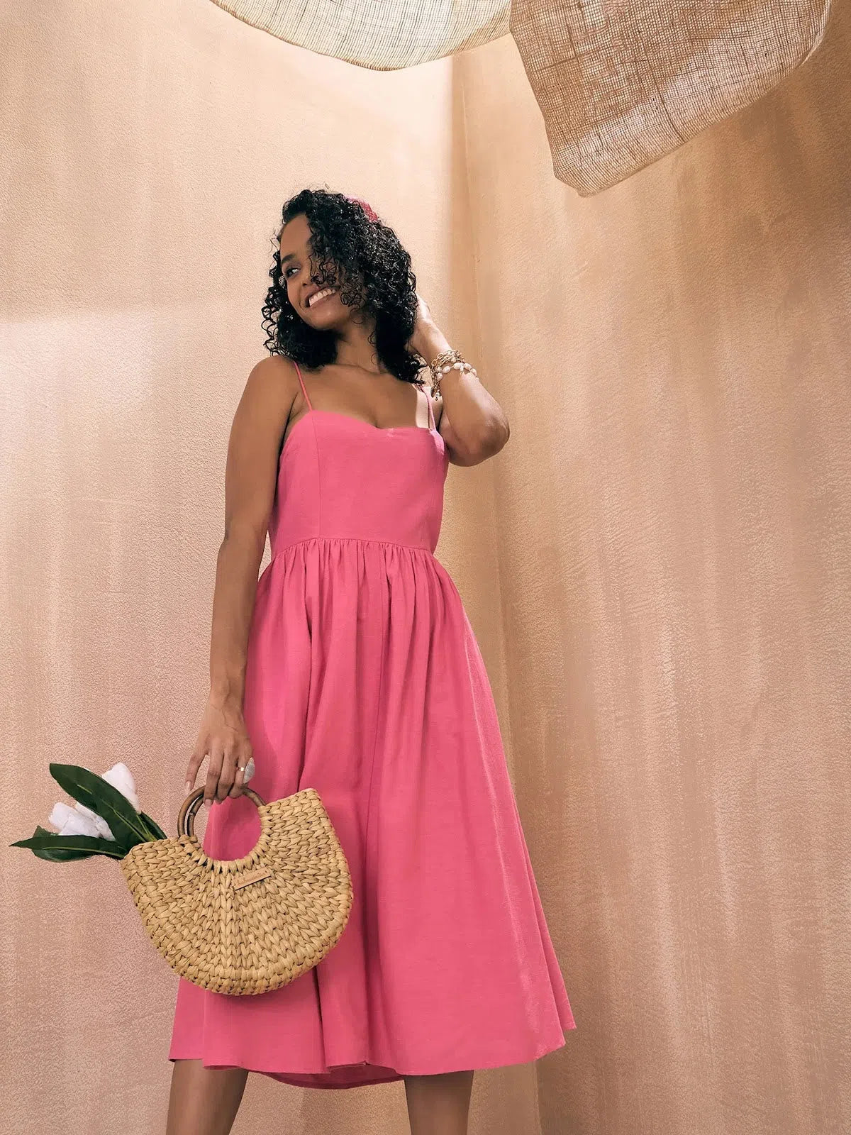 Pink Solid Midi Dress - Women's Viscose Back Tie Fit & Flare Pink Solid Midi Dress - Women's Viscose Back Tie Fit & Flare