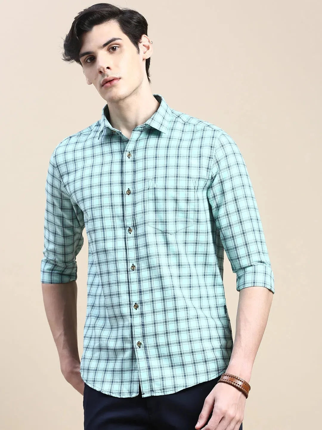 Mens Green Checked Shirt - Cotton Casual Shirt | DesiQlo