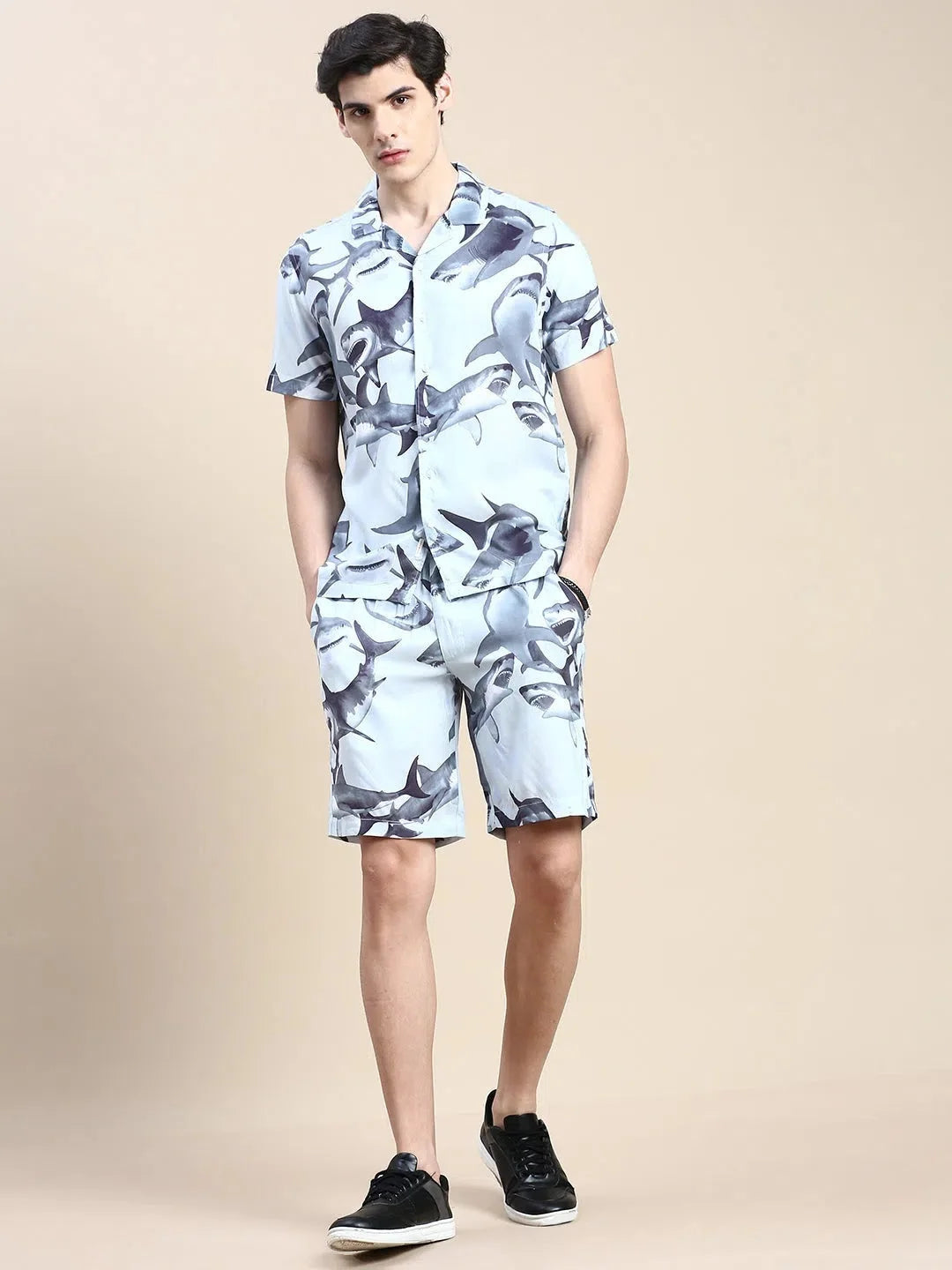 Grey Printed Casual Co Ord Sets Men - Two Piece Cotton Set
