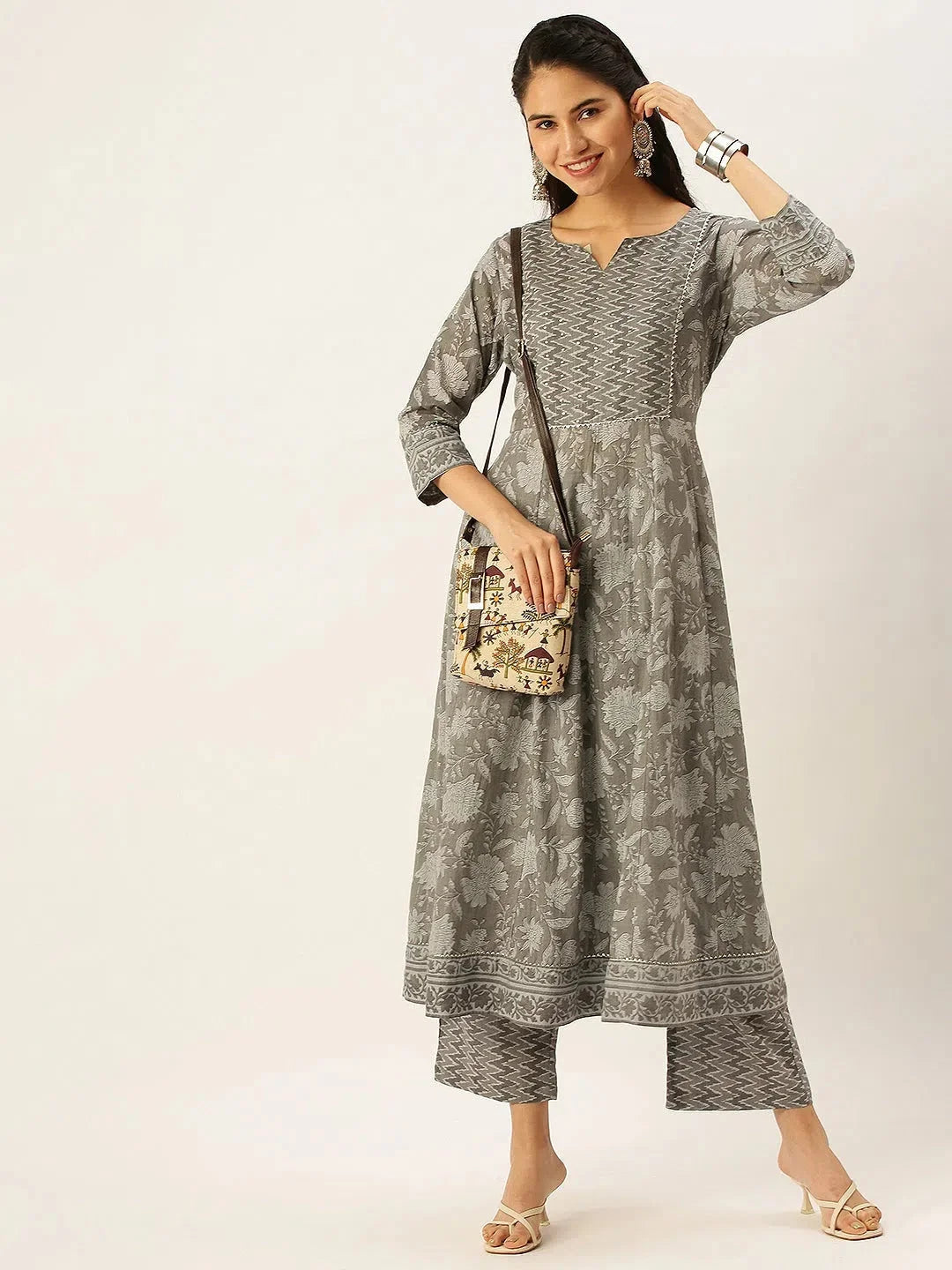 Grey Printed Kurta Sets for Women | Cotton Designer Kurta