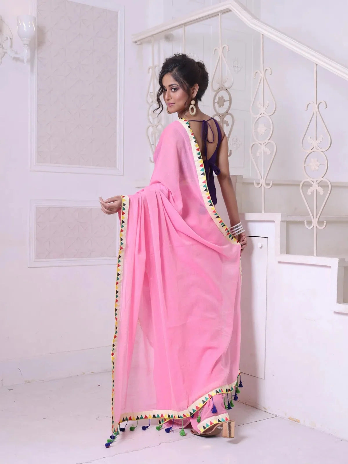 Pink Cotton Saree with Patch Border | Indian Sari