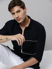 Men Navy Solid Casual Shirt-SAATVIKKNITS-4444-Navyblue