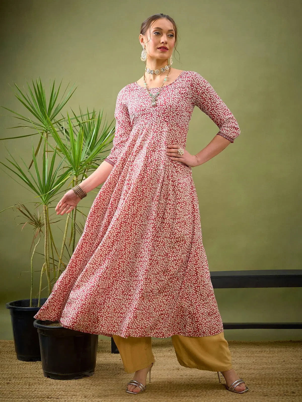 White Leaf Print Anarkali Dress | Women's Anarkali Kurti