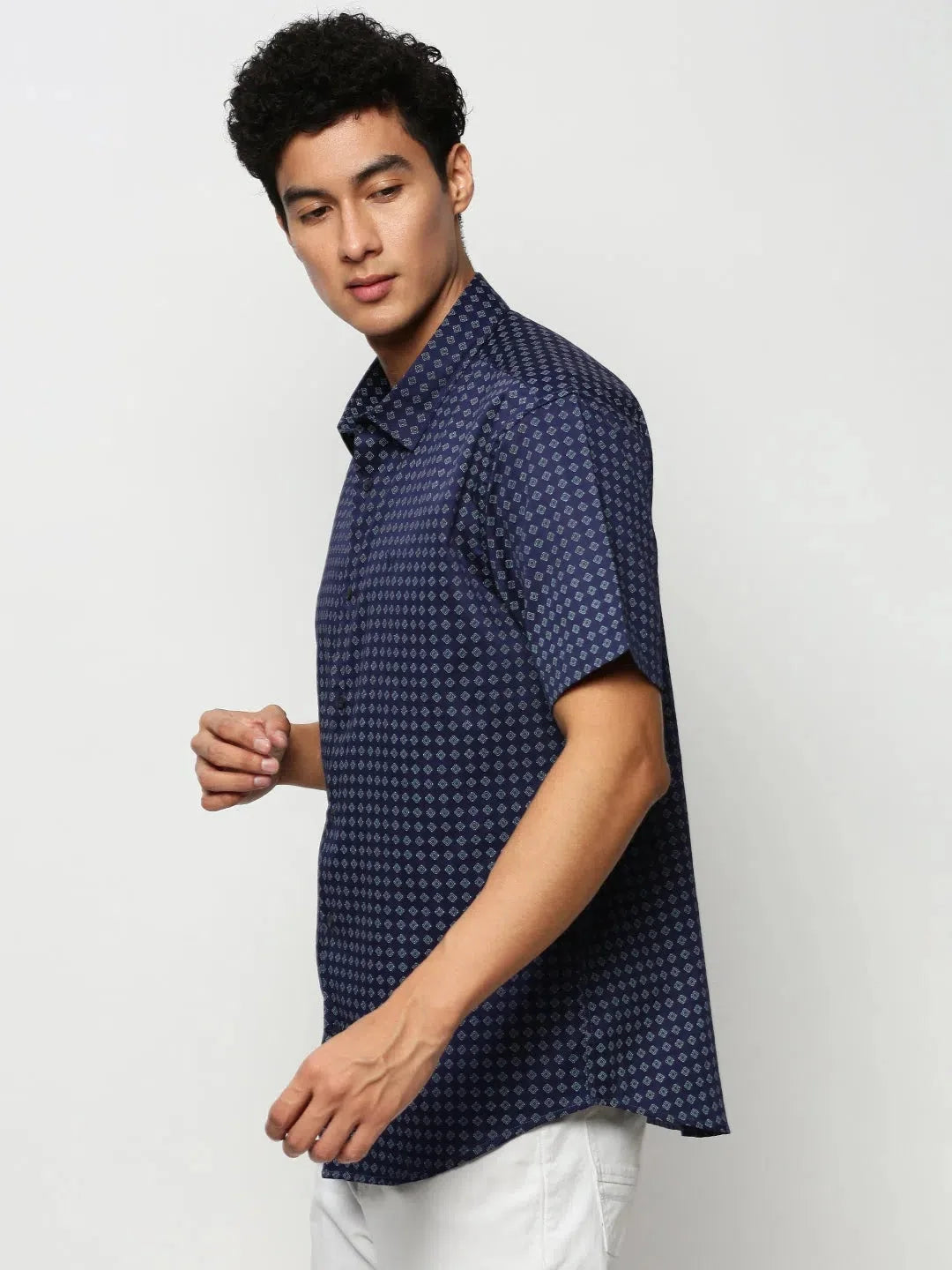 Navy Geometric Mens Shirt | Casual Cotton Printed Shirt