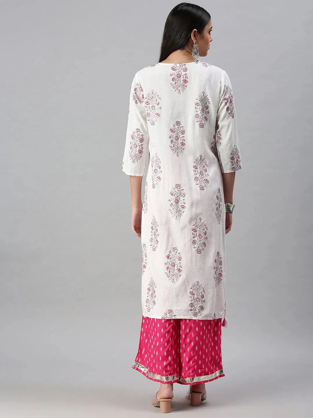 White & Pink Floral Print Kurta Sets | Designer Women's Kurta