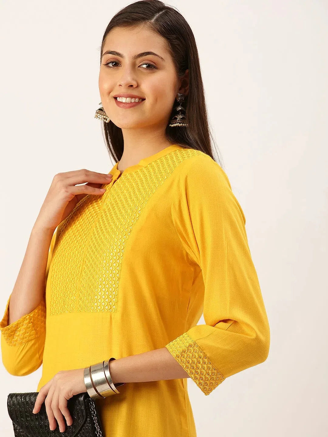 Embroidered Yellow Cotton Kurta - Indian Kurta for Women